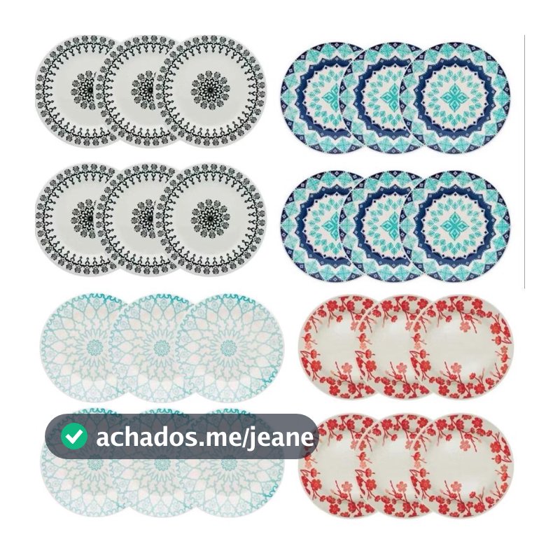Jogo de Pratos Fundo Jantar Decorado Louça Cerâmica Lindo 12 peças Biona 22cm Mesa Posta
