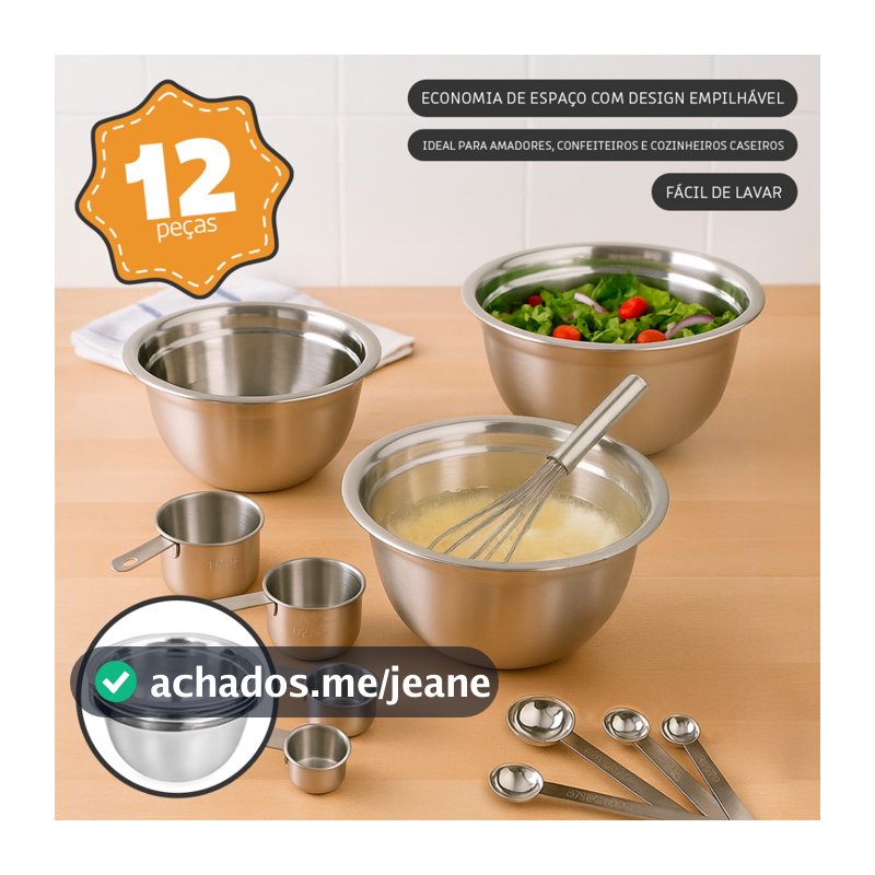 Conjunto 12 Peças em Inox com Tigelas, Copos, Colheres Medidoras e Fouet