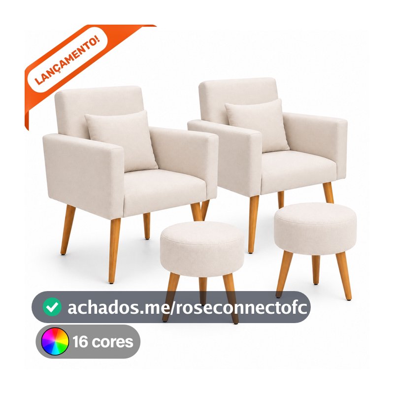 Kit 02 Poltronas Decorativas para Sala Nina com Almofadas e 02 Puff Redondo Suede Aninha Decor