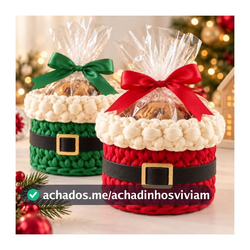 Porta Mini Panetone de Crochê Papai Noel Lembrancinha e Decoração de Natal Cesto organizador