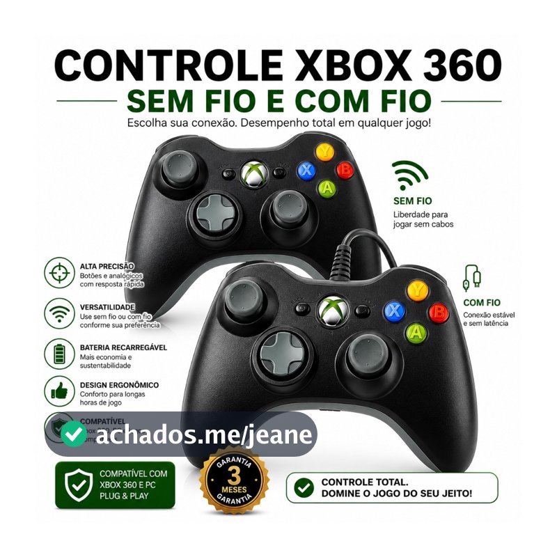 Controle Xbox 360 Sem Fio e Com Fio Preto Wireless Joystick Para Computador Ps3 e Android