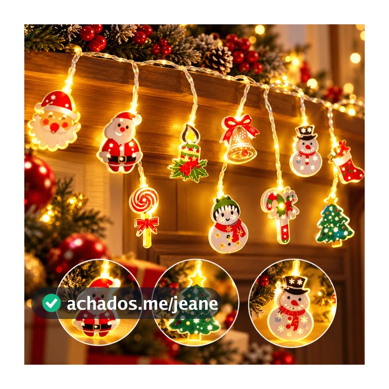 Cordão de Luzes LED Natalino 2m com 10 Pingentes Papai Noel Árvore Sino Luz Fixa