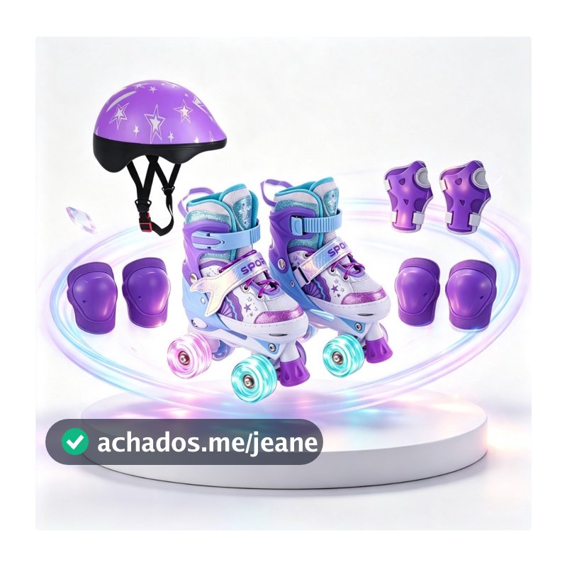 Patins Quad Infantil De 4 Rodas Com LED Patins De Meninas Com Kit Protecao