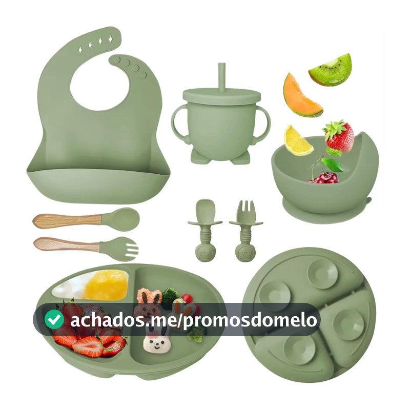 Kit 8pçs Talheres de Silicone p/ Bebê c/ Ventosa, Colher, Garfo, Canudo e Babador Infantil