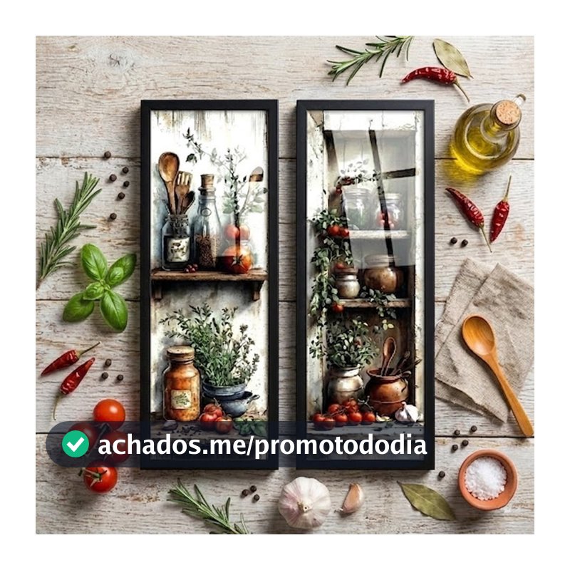 Kit 2 quadros 18x45 cm, área gourmet, área de churrasco, temperos, gourmet, cozinha, com vidro