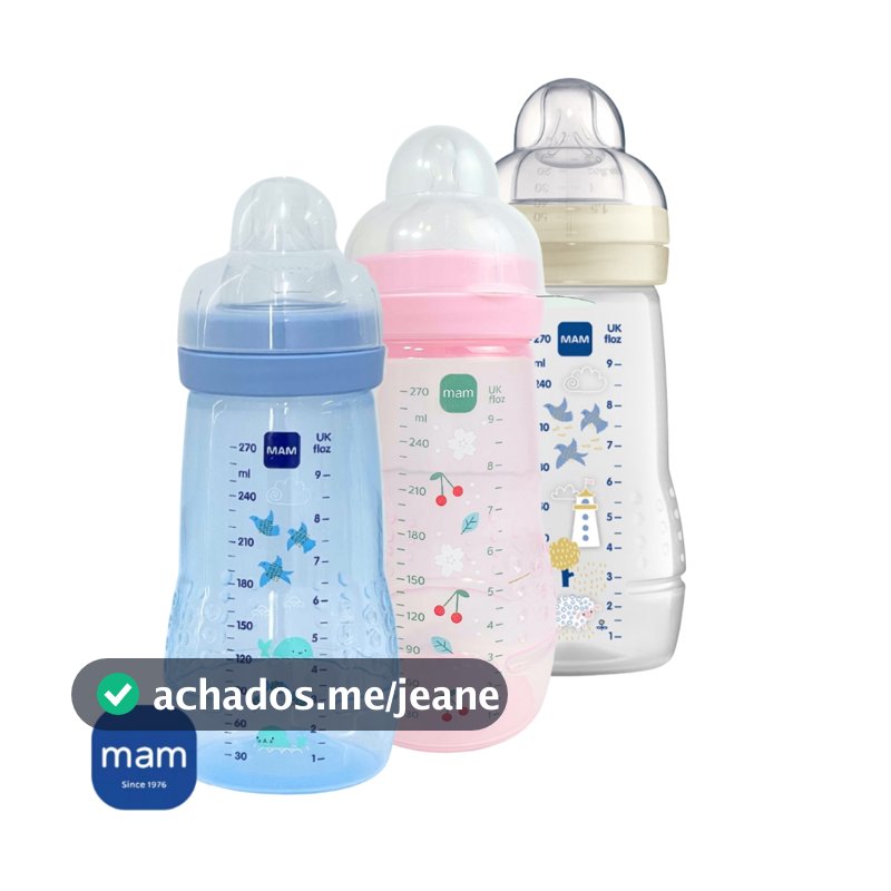 Mamadeiras para Bebe MAM 270 ml com Bico Silicone Fluxo Médio N2 Menino Menina Neutra