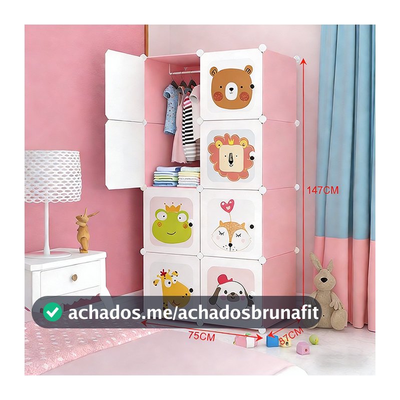 Guarda-Roupa Organizador Infantil Multifuncional com Desenhos de Animais - Montagem Simples, Material Seguro para Roupas
