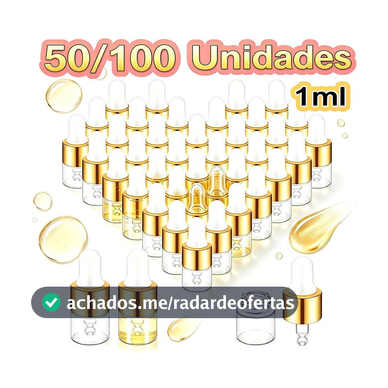 Kit 100 Frascos Vidro Conta‑Gotas 1ml Bico Dourado Transparente, Para Óleos Essenciais Sérum Cosmético Amostras E Viagem