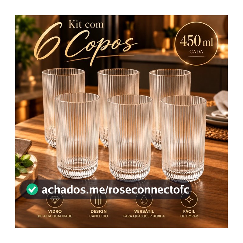 Jogo 6 Copos De Vidro Canelado 450 ML Resistente Para Água Suco E Drinks