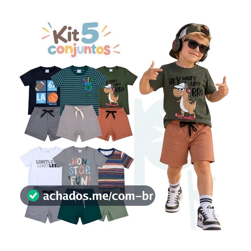 Kit 10 Peças de Roupa Infantil Menino | 5 Conjuntos (5 Camisetas + 5 Bermudas/Shorts) Verão Sortidas