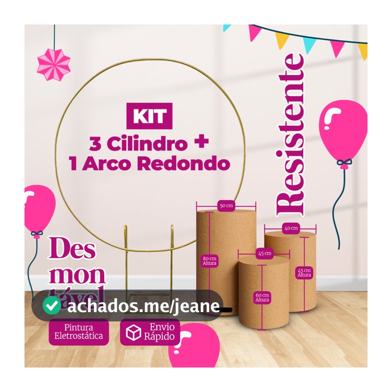 Kit 3 Cilindro mdf + Arco Redondo Ferro Desmontavel 1,50