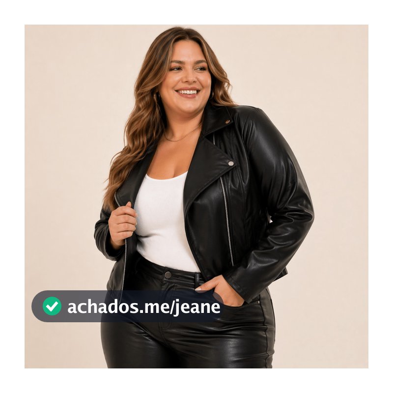 Jaqueta Couro Sintético PU Preto Plus Size Moda Feminina Outono Inverno Luxo Courino