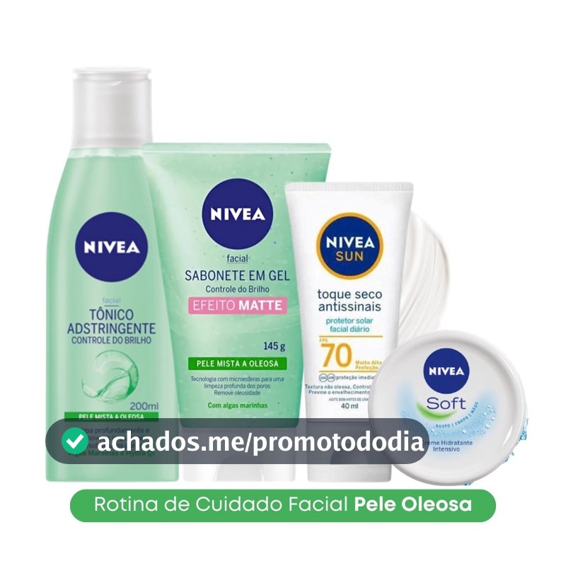 Kit Skincare: Sabonete em Gel  + Tônico Adstringente + Protetor Solar 70 + Hidratante Soft 49g NIVEA