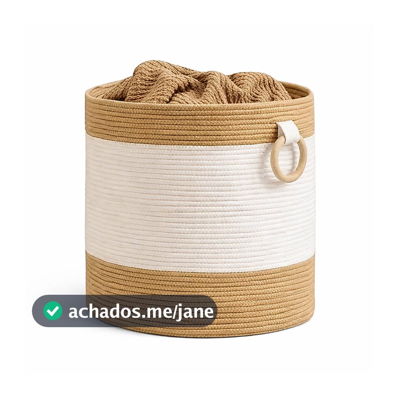 Cesto Decorativo Algodão Natural Offwhite 45x45 Grande com Alças em Argolas