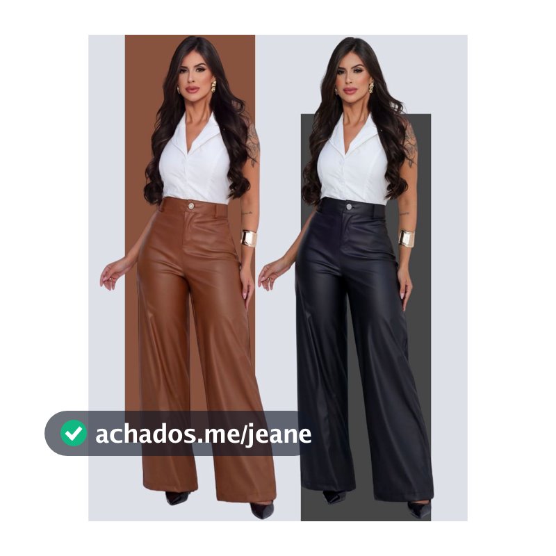 Calça Pantalona Wide Leg Couro Fake Cintura Alta Reta Retrô Courino