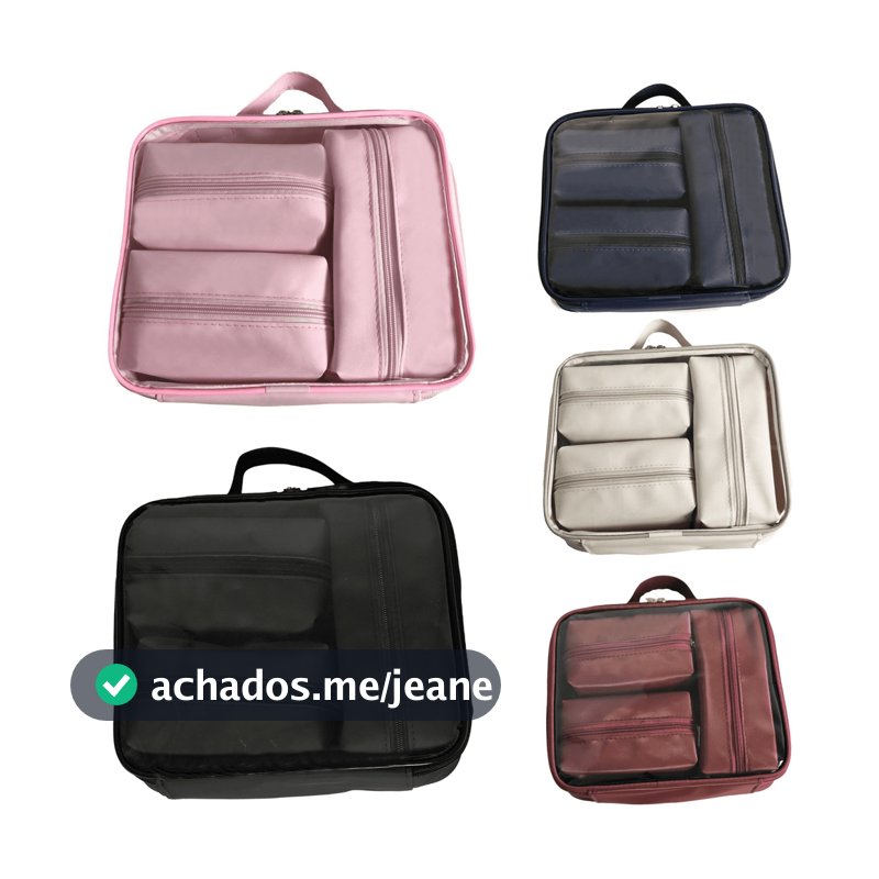 Kit Maleta Organizador de Mala Viagem Transparente + 3 Necessaires Lindas para Presente