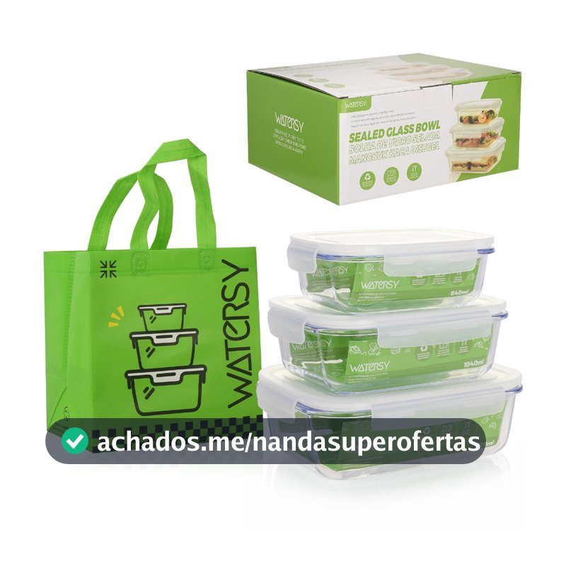 WATERSY Kit 3 Recipiente Hermético de Vidro Resistente Choque Térmico Lavável Lava-louças Marmita Saudável
