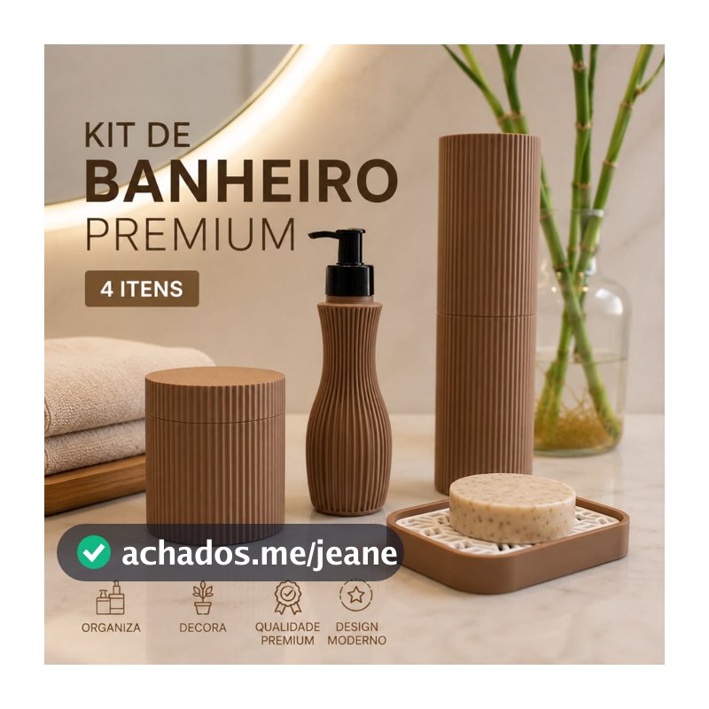Kit de Banheiro Premium 4 Peças Ripado - Dispenser, Potes, Saboneteira e Organizador Decoração
