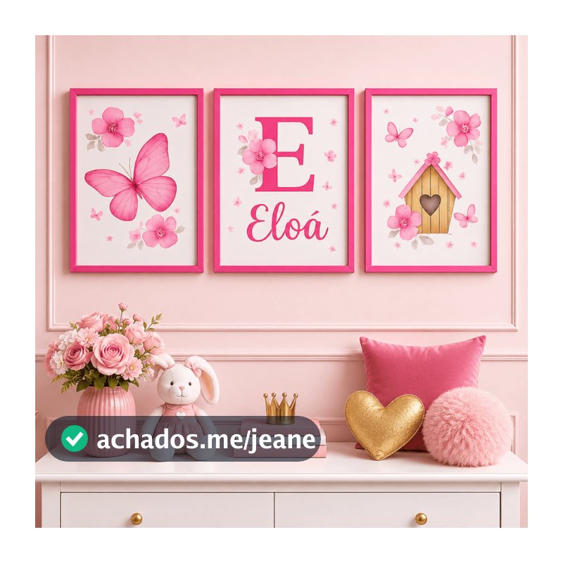 Quadro decorativo 3 peças Borboletinha Pink personalizado com nome quarto de menina