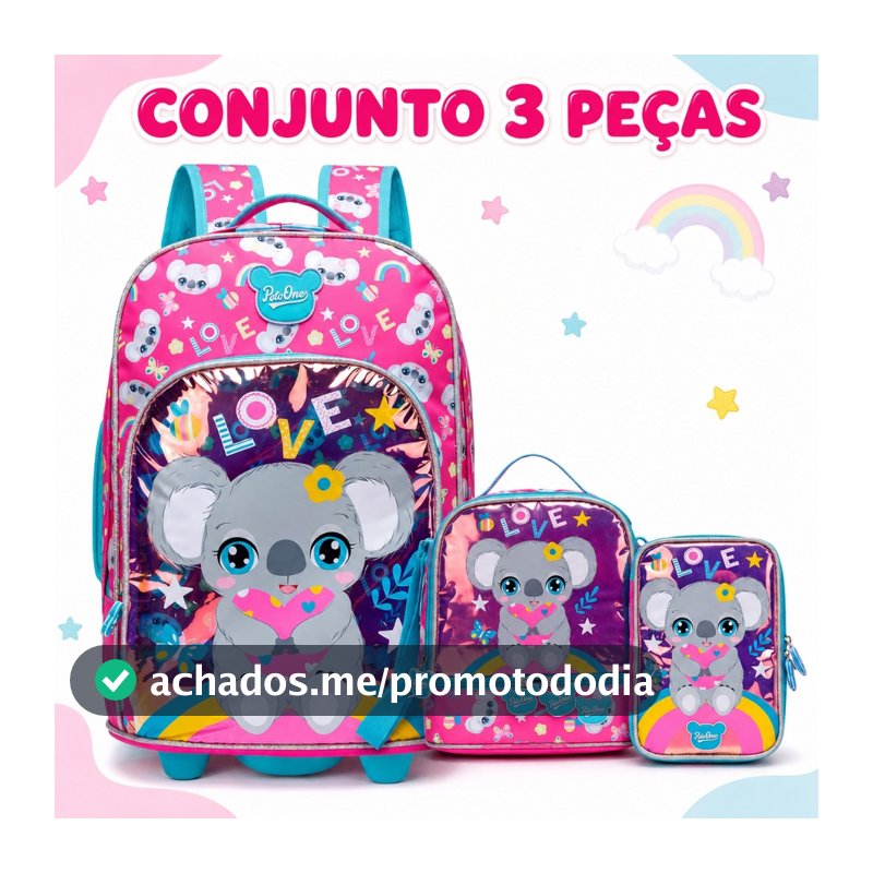 Kit Mochila Rodinha Lancheira Estojo Escolar Coala Menina Espaçosa