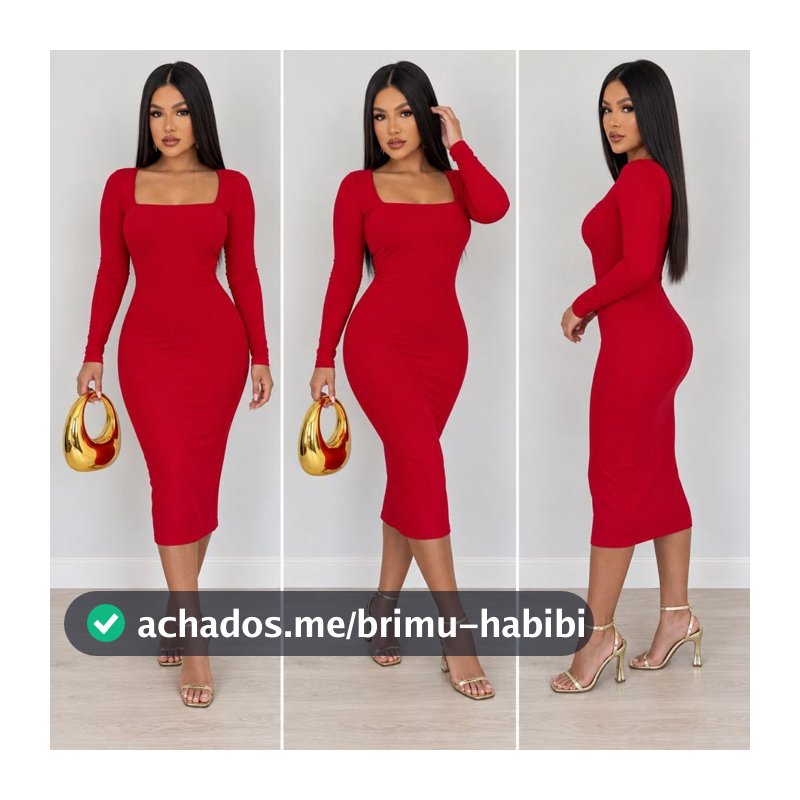 Vestido Midi Manga Longa Feminino Tubinho Liso Decote Quadrado Elegante Festa Trabalho Meia Estação