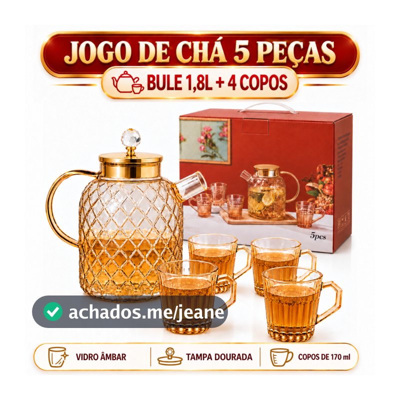 Bule de Vidro Âmbar 1,8L com 4 Xícaras de 170ml Jogo de Chá 5 Peças com Tampa Dourada e Filtro Inox no Bico