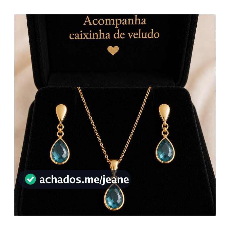 Kit Colar e Brincos Banhado a Ouro 18K – Semijoia Antialérgica Pedra Azul Petróleo Claro | Acompanha Caixinha de Veludo