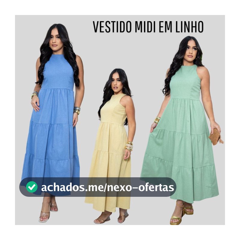Vestido Midi Linho Feminino Elegante Casual Alfaiataria Bolsos Laterais Atemporal