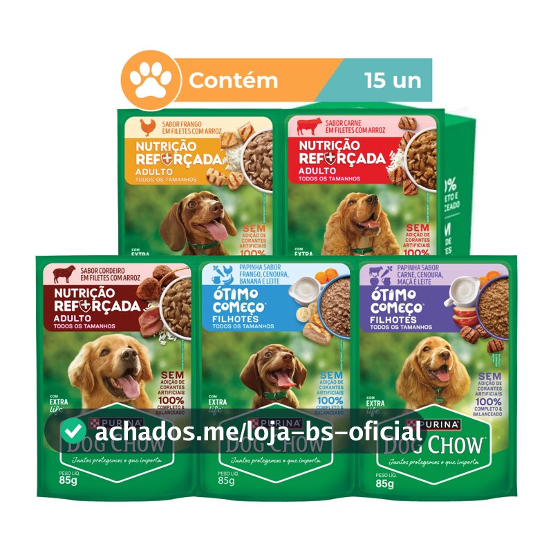 Ração úmida Dog Chow Sabores Variados para Cães 15x85g ou 15x100g