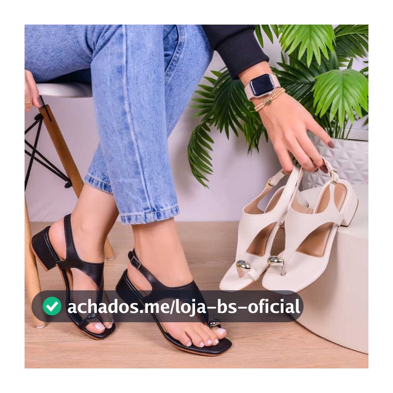 Sandália Feminina de Dedo Luna Preta Salto Bloco Baixo com Detalhe Metálico Elegante Confortável Casual