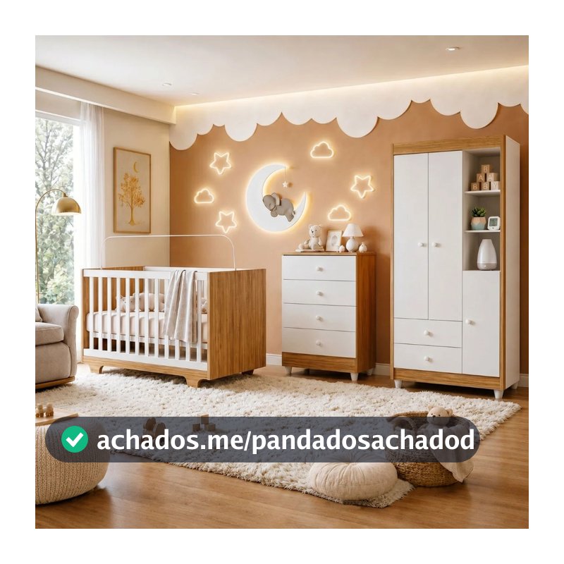 Quarto de Bebê Completo 100% MDF Cômoda Berço e Guarda Roupa Nina Branco/Amadeirado