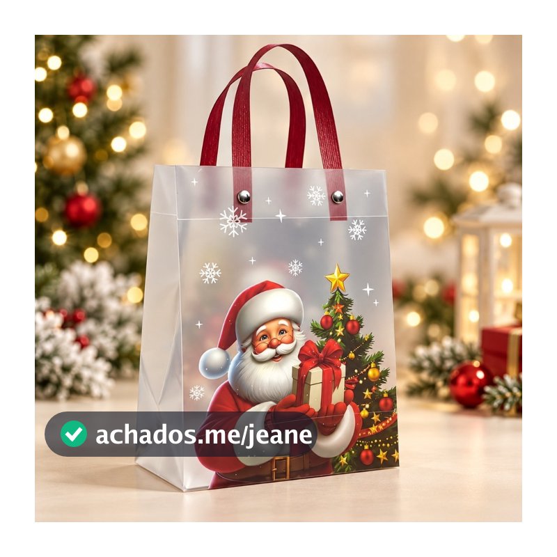 Kit Sacola Para Presente Transparente De Natal Papai Noel Alça Reforçada