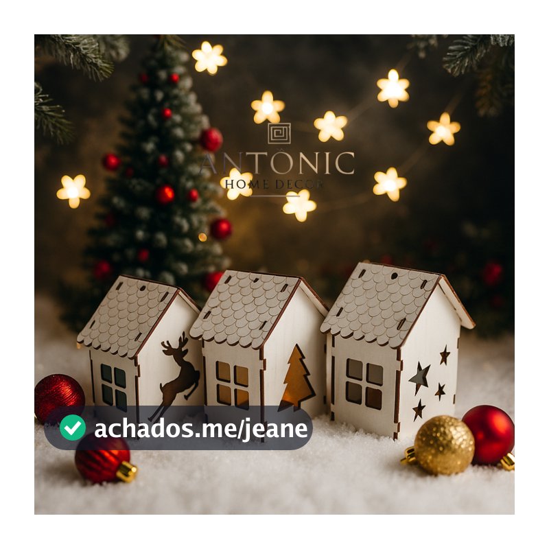 Trio de Casinhas Natalinas BRANCAS OU MARROM em MDF com Fio de LED – Decoração de Natal