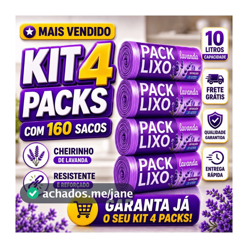 Kit 4 Rolos Sacos de Lixo 10L 160 Unidades Perfumado Cheiroso Lavanda Tira Odores Pia Banheiro