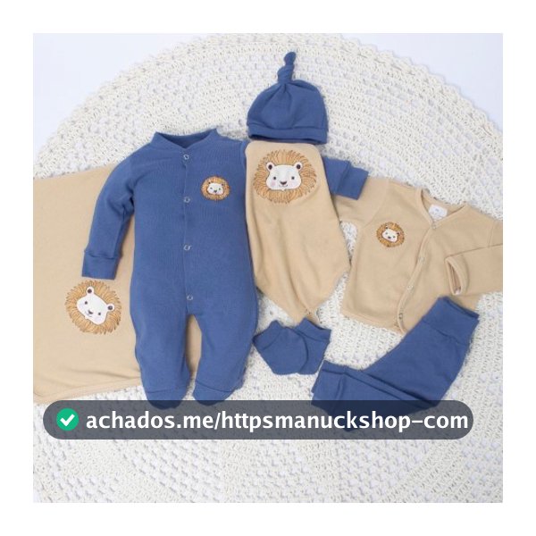 Kit Maternidade Leãozinho 7 Peças 100% Algodão Completo Saída Maternidade Bebê Menino Marinho e Bege