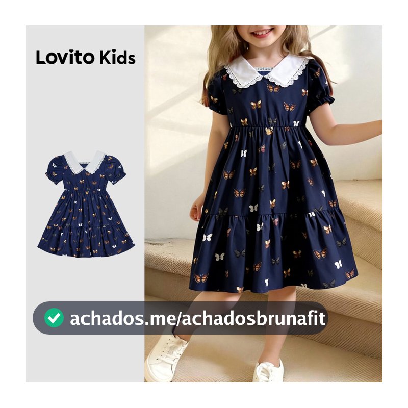 Lovito Kids Babado Vestido Casual Fofo de Renda Azul Marinho para Primavera/verão para Meninas Bordado L168LD185