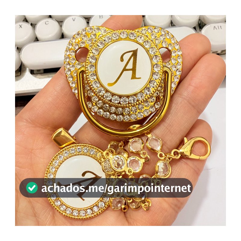 Chupeta De Bebê De Diamante Dourado Com 26 Letras Iniciais Clipe De Corrente De Contas