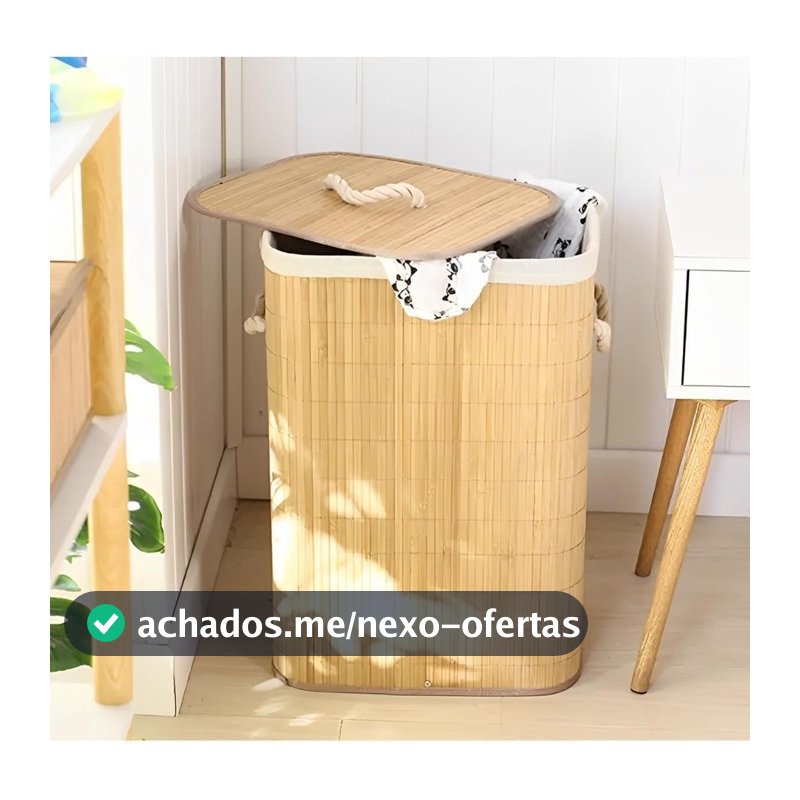 Cesto De Roupa Suja Bambu Dobravel Organizador 72L Forrado Banheiro 60cm Grande Cesto Retangular