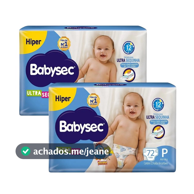 Kit 2x Pacote c/72 un tamanho P - Fralda BabySec Ultrasec Galinha Hiper – Até 12h de Proteção