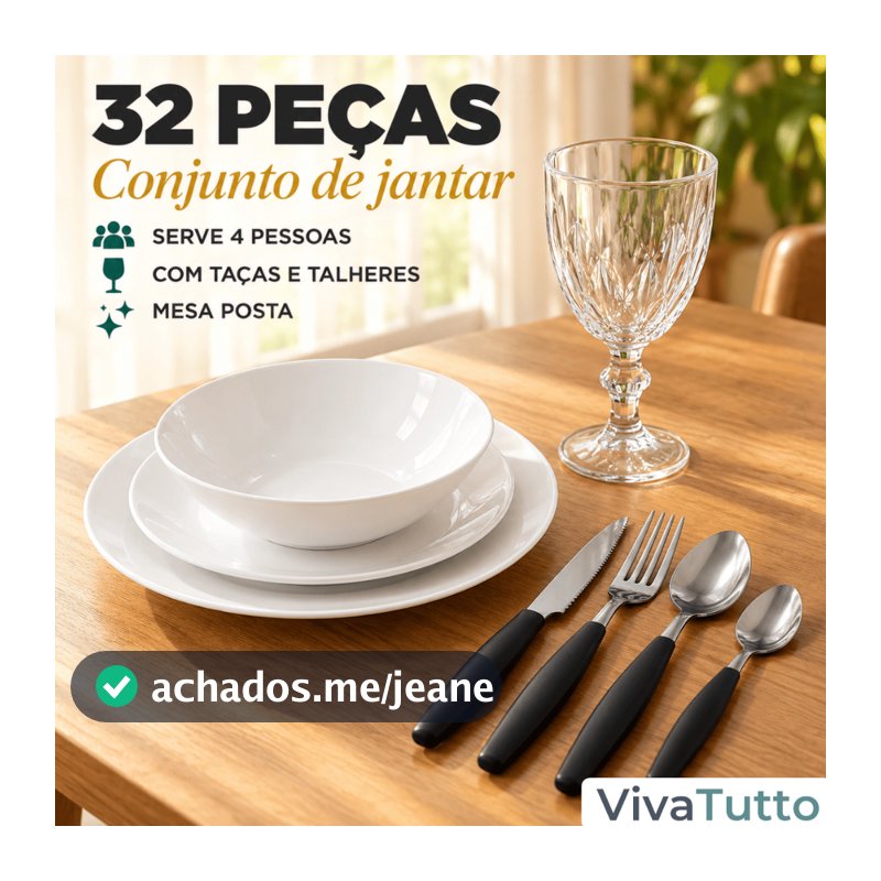Aparelho De Jantar Branco 32 Peças Com Taça Diamond Conjunto Talheres Completo Para Família Jogo De Prato Raso