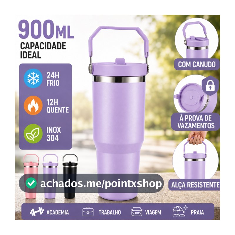 Garrafa Térmica Inox 900ml com Alça, Tampa Antivazamento, para Academia, Trabalho, Viagem e Bebidas Quentes e Frias