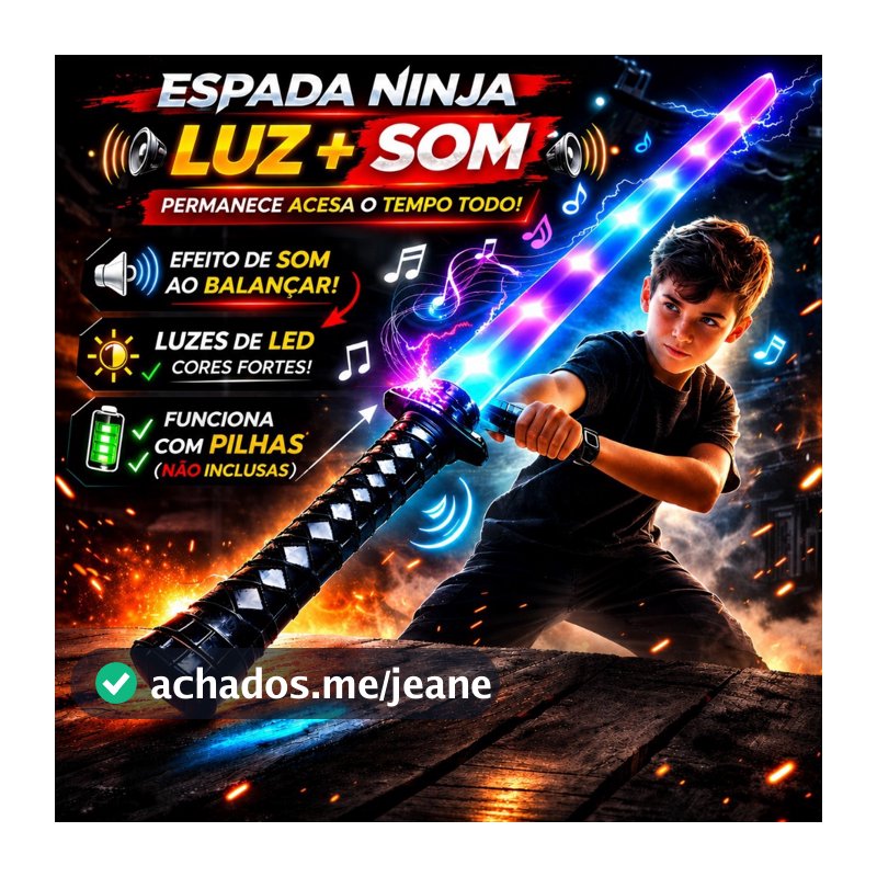 Espada Ninja Samurai Infantil 70cm LED Luz e Som Sensor Movimento Katana Brinquedo