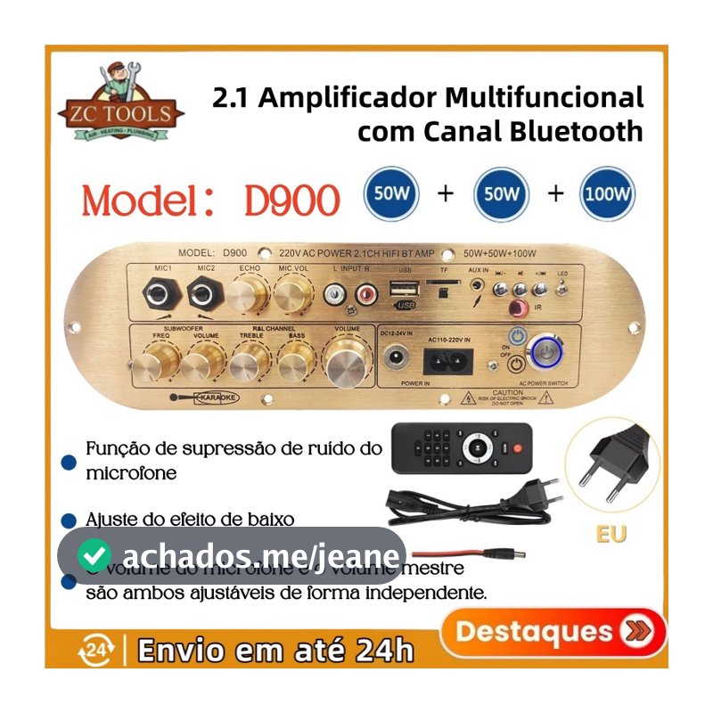 Amplificador Caixa De Som D900 Placa Dente Azul 50w+50w+100W
