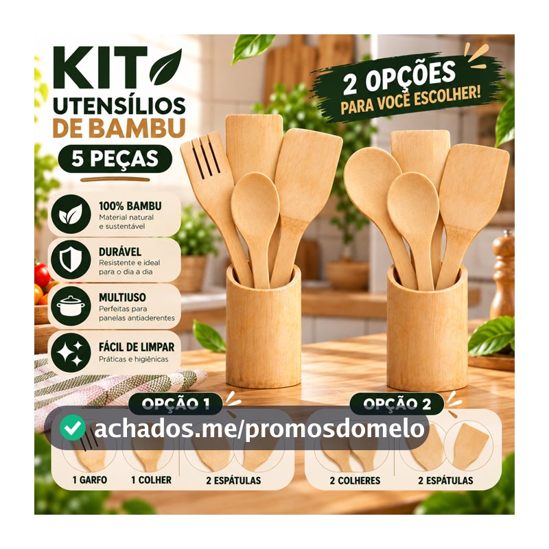 Kit Utensílios de Bambu 5 Peças com Suporte Colher Garfo Espátula ENVIO IMEDIATO