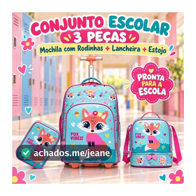 Kit Mochila Rodinhas Lancheira Estojo Polo One Infantil Escolar Feminina Espaçosa