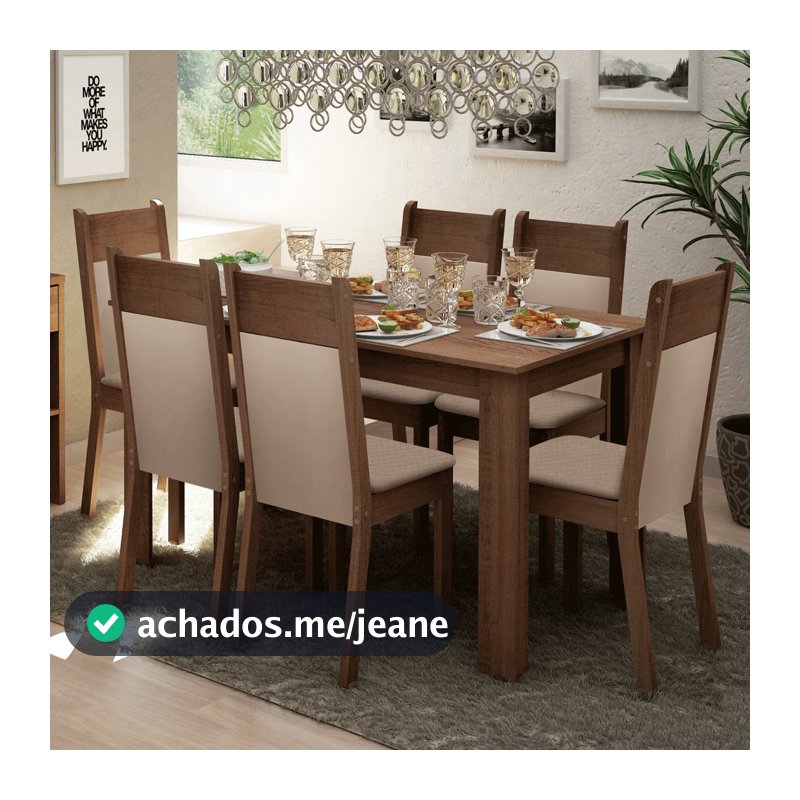 Conjunto Sala Jantar Jaíne Madesa Mesa Tampo de Madeira com 6 Cadeiras Rustic/Crema/Sintético Bege
