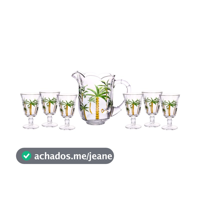 Suqueira 4,5l. Conjunto Jarra com 6 Taças de Cristal Palm Hand Painting Jarra: 1,3L Copos: 240ml, 310ml - Lyor