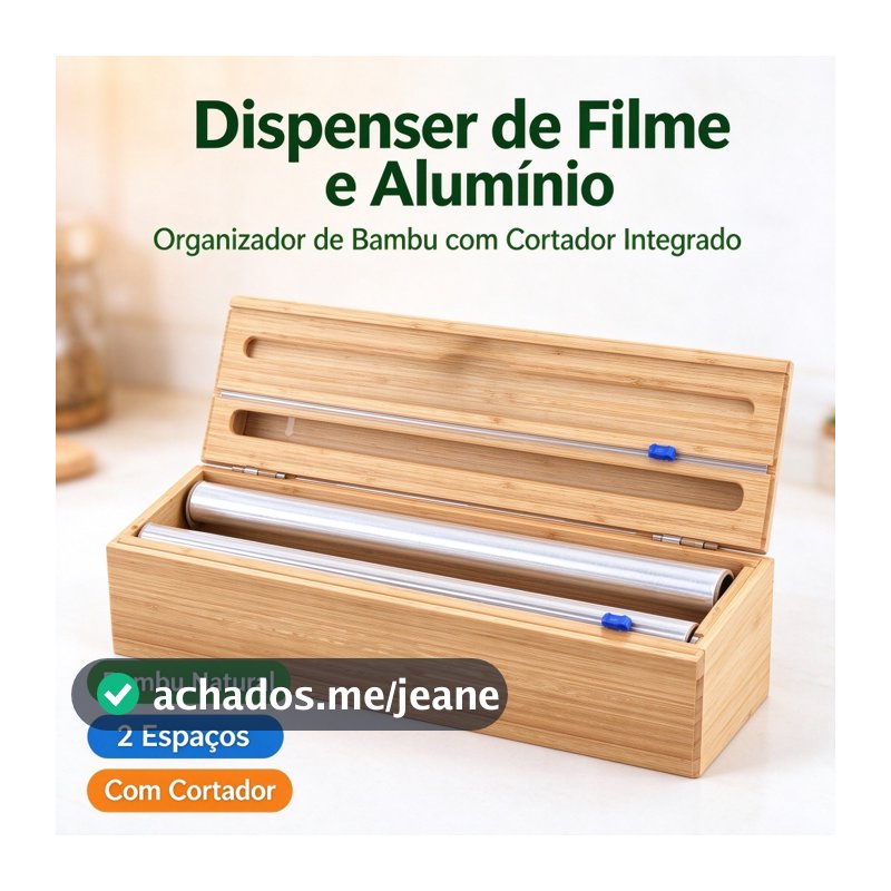 Porta Rolo Duplo Organizador Bambu Papel Alumínio Filme PVC Cortador Dispenser Cozinha Suporte