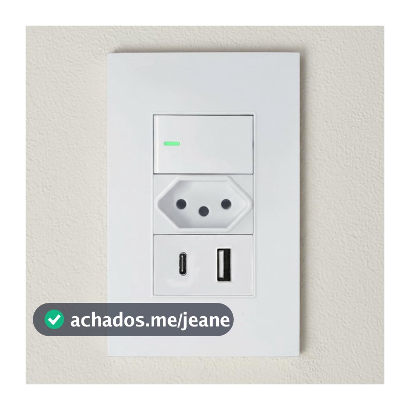 Tomada USB USB-C 10A com Interruptor LED Espelho 4x2 Branco Modular