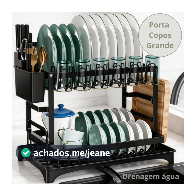 Escorredor de Louças 2 Andares Zelvi Aço Carbono Preto para Pratos Copos Talheres Organizador Pia Cozinha